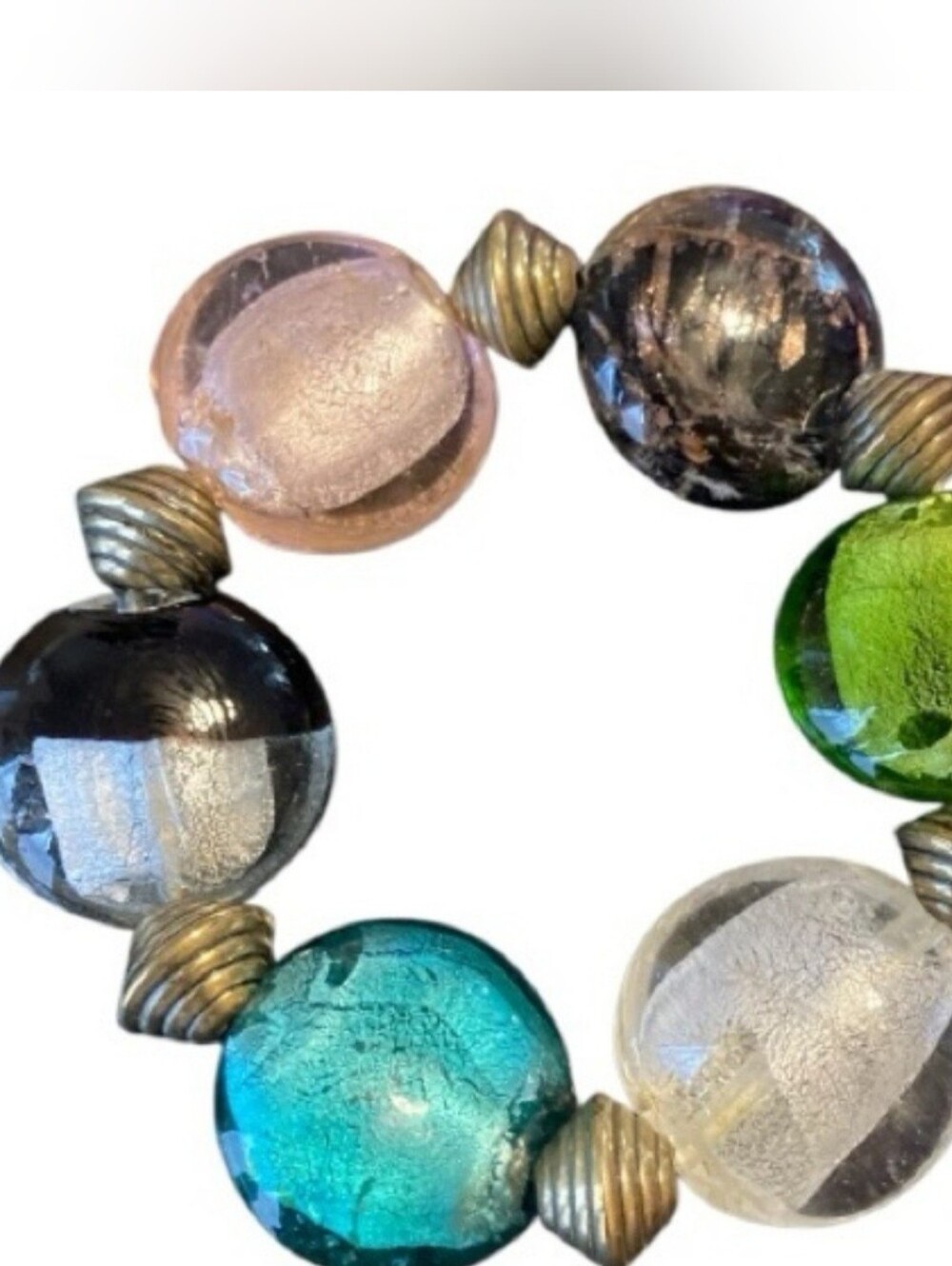 Artisanal Murano Style Foil Glass Bead Elastic Stretch Bracelet Colorful Vintage
